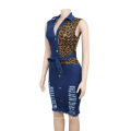 Sexy Hole Single Breasted Leopard Patchwork Denim Women Casual Dresses